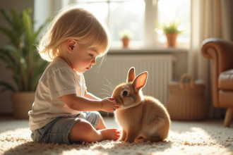Jeune enfant caressant un lapin lopeared dans le salon