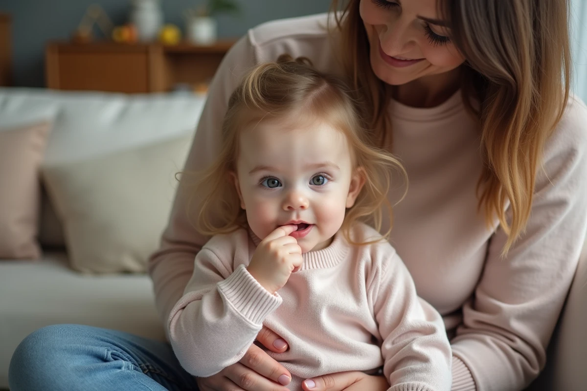 Fille de deux ans dans un pull pastel sur les genoux de sa mère