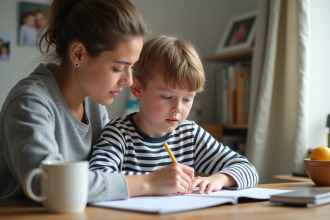 Garçon et mère à la table de cuisine en train de travailler