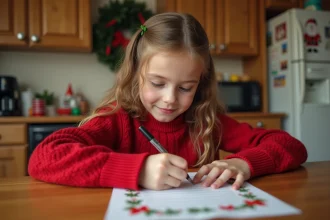 Jeune fille écrivant une lettre au Père Noël dans la cuisine chaleureuse