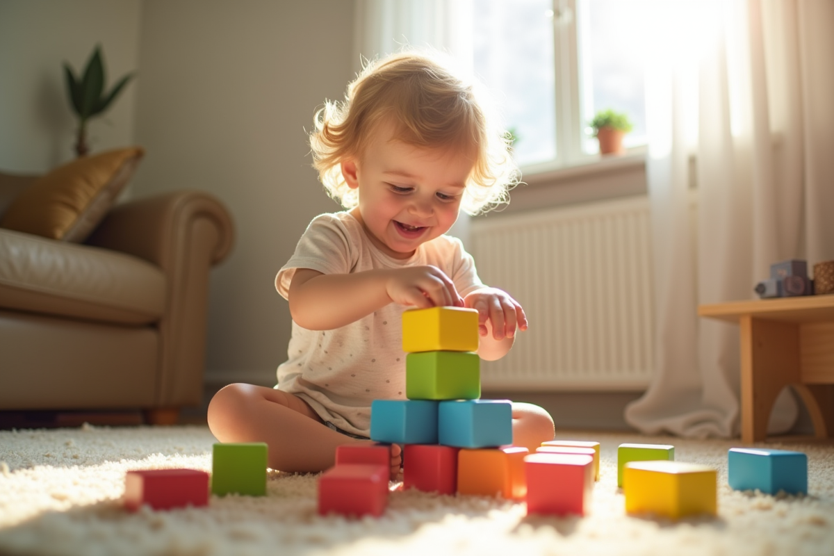 Enfant de 3 ans construisant une tour de blocs colorés