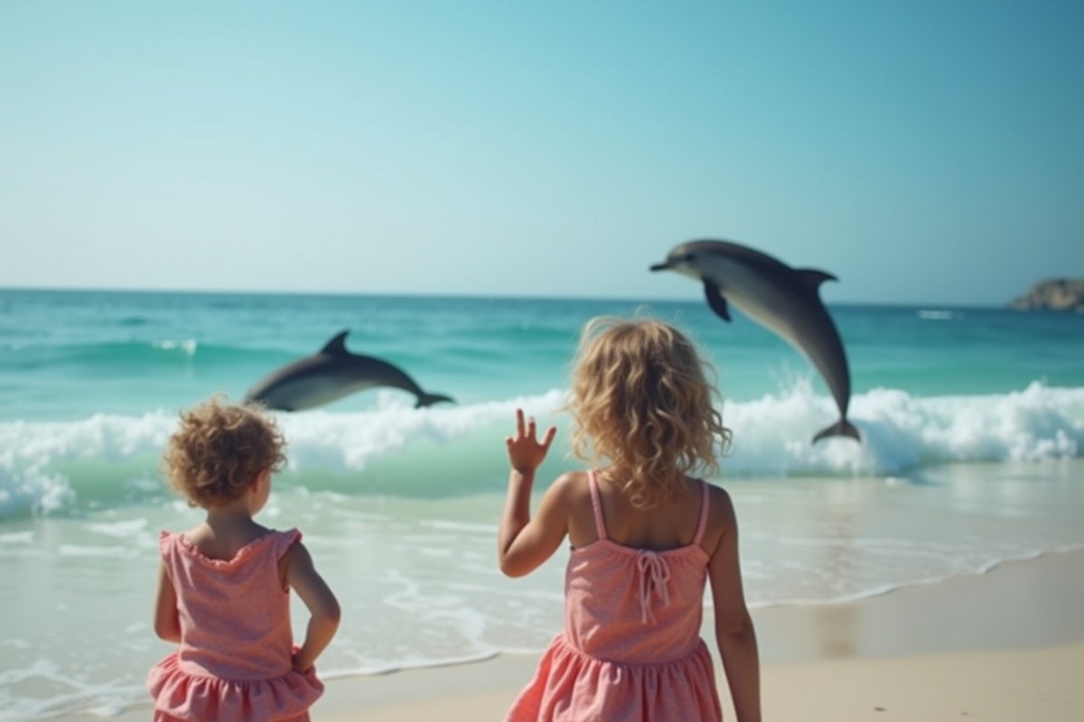 Enfant et parent regardant des dauphins sauter