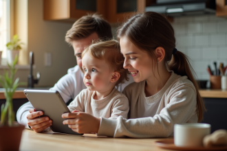 Enfant et parent à la table de cuisine le matin