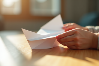 Mains d'enfant pliant un avion en papier blanc sur une table en bois