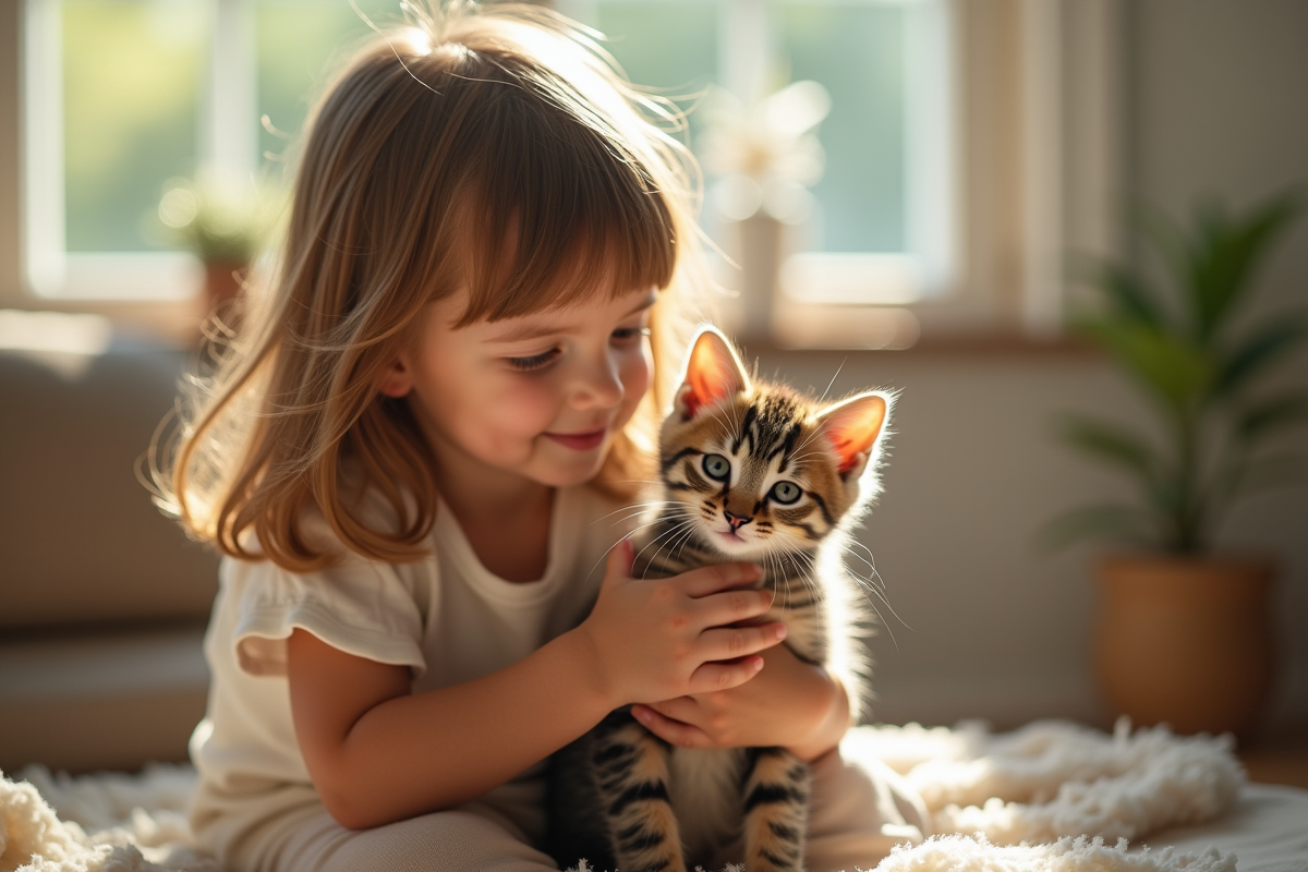 Enfant tenant un chaton dans un salon ensoleille