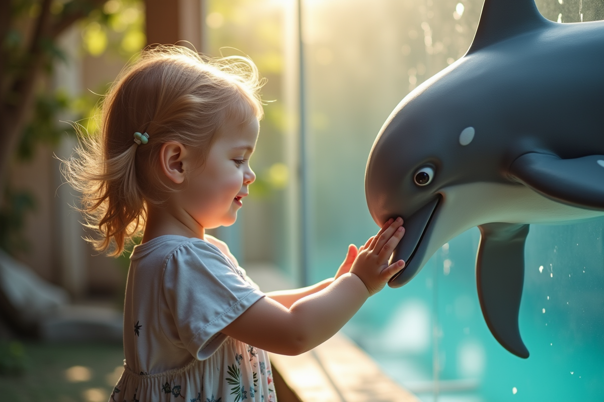 Enfant touchant un modele de dauphin dans un centre nature