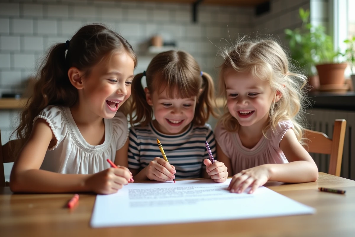 Trois enfants chantant et coloriant ensemble à la maison