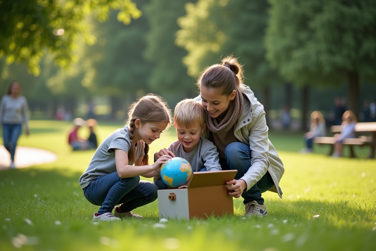 Enfants explorant un parc avec leur mère et un globe terrestre