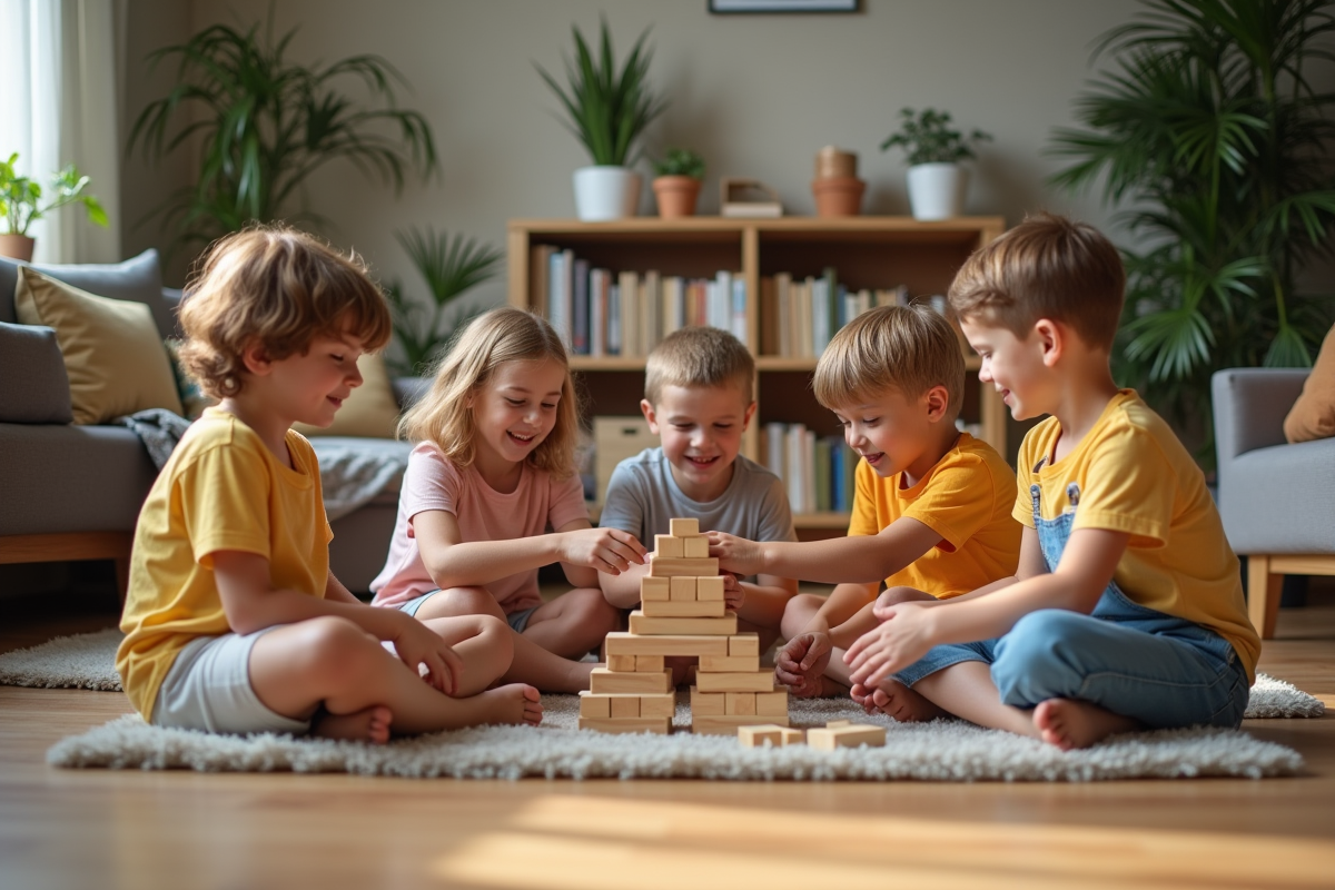 Groupe d'enfants construisant une tour en blocs en intérieur