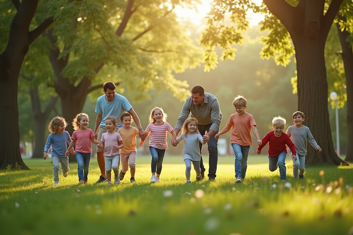 Enfants jouant dans un parc avec leurs parents en plein soleil