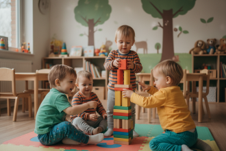 Jeunes enfants empilant des blocs en bois dans une salle de microcrèche