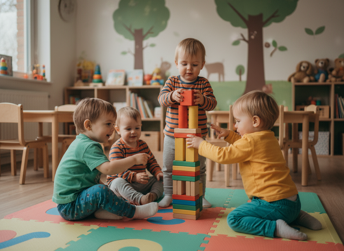Jeunes enfants empilant des blocs en bois dans une salle de microcrèche