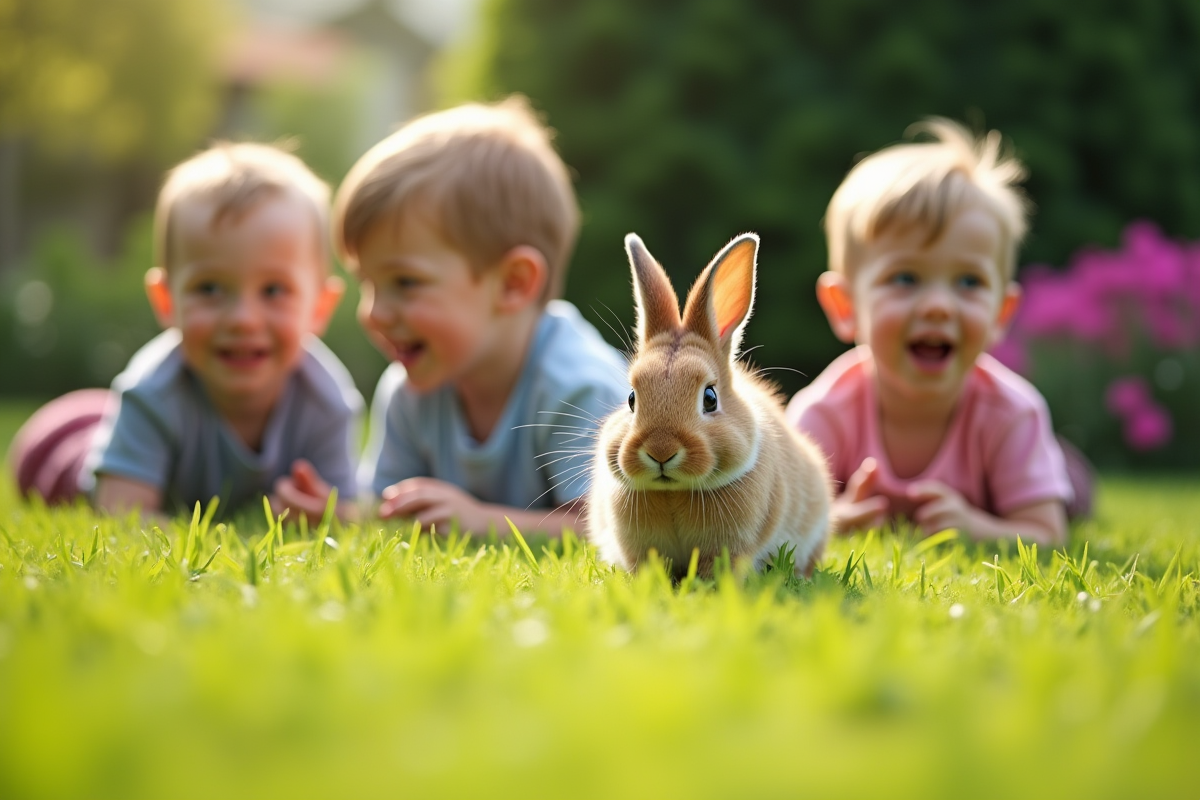 Enfants riant et jouant avec un lapin dans le jardin