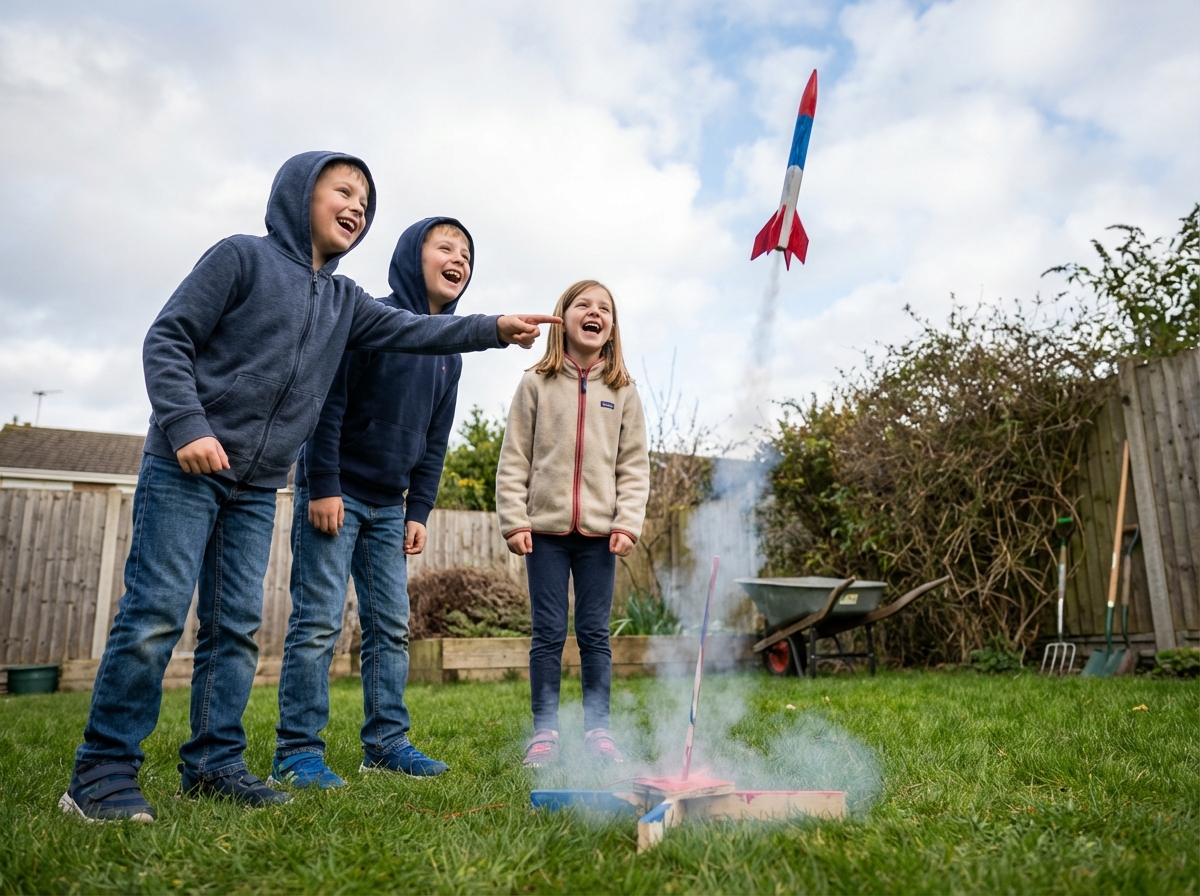 Trois enfants lançant une fusée artisanale dans le jardin