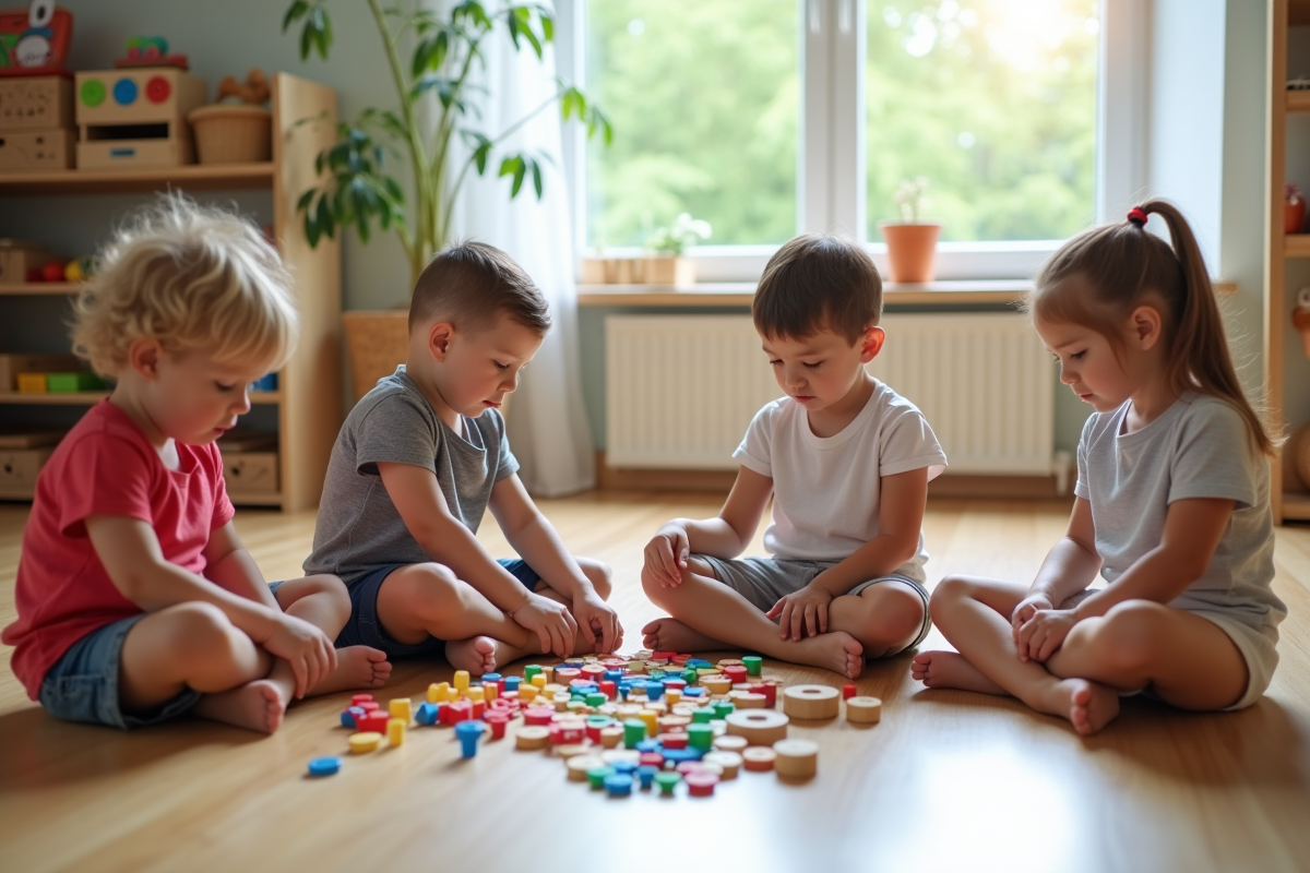 Groupe d'enfants Montessori travaillant avec des matériaux colorés