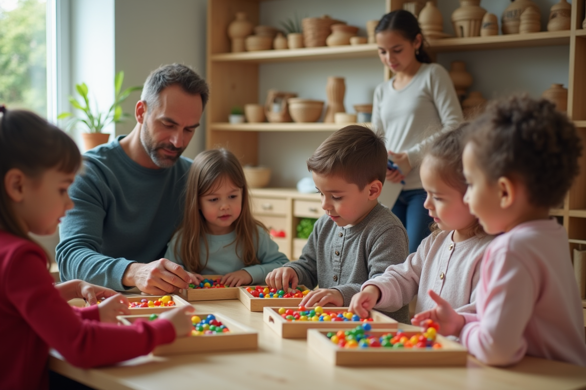 Groupe d enfants manipulant des perles colorées en classe