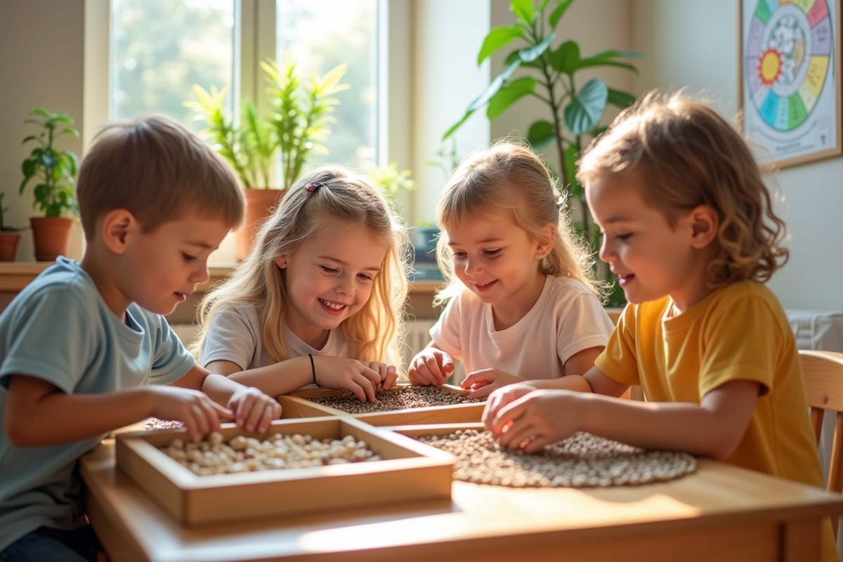 Groupe d enfants explorant des plateaux sensoriels