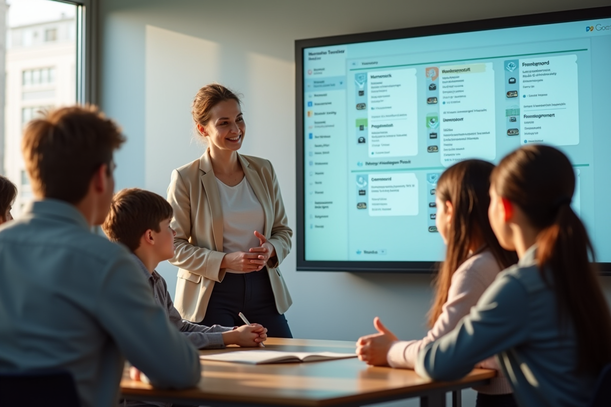 Enseignant et élèves utilisant un écran interactif en classe
