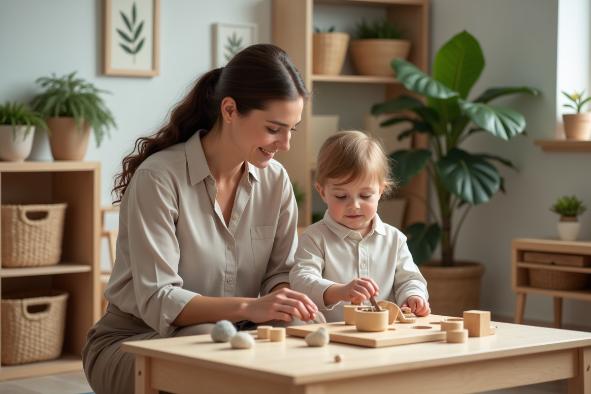 Enseignante Montessori souriante avec un enfant dans la classe