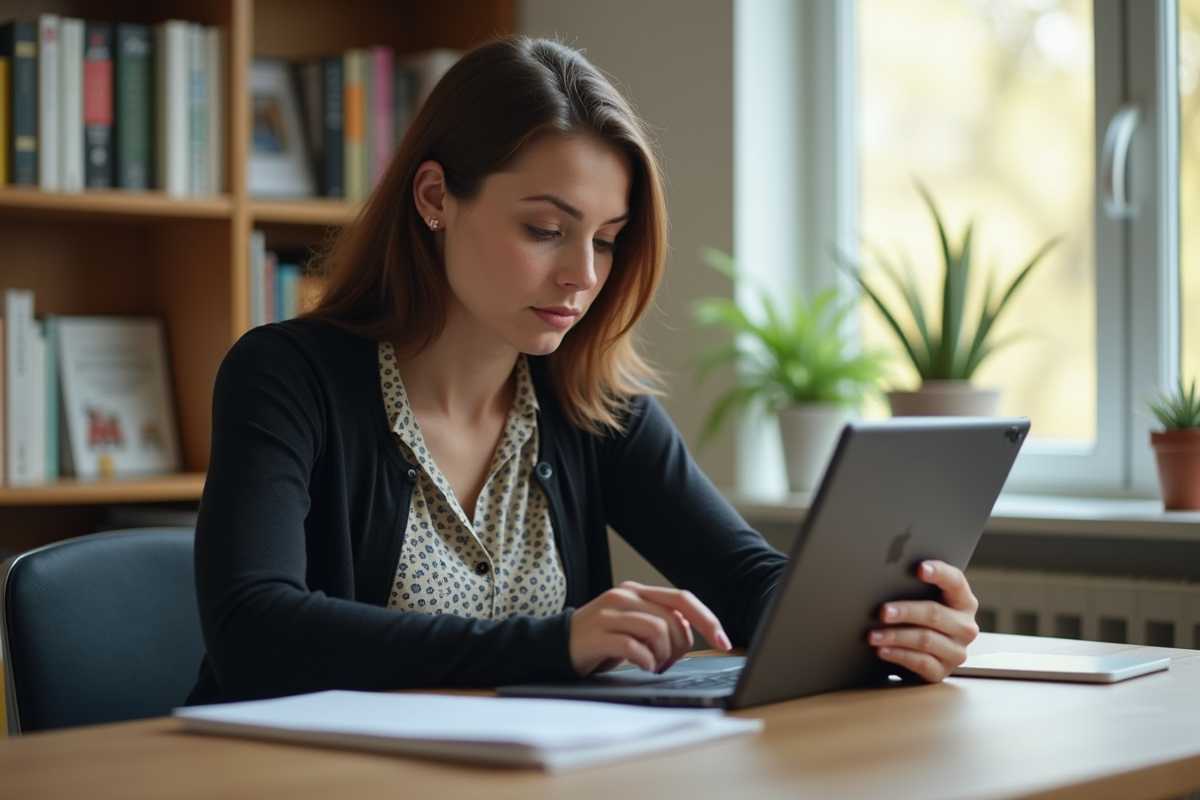 Enseignante avec tablette dans un bureau scolaire cosy