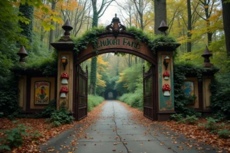 Entrée abandonnée du Parc des Schtroumpfs en France avec portail rouillé et végétation envahissante