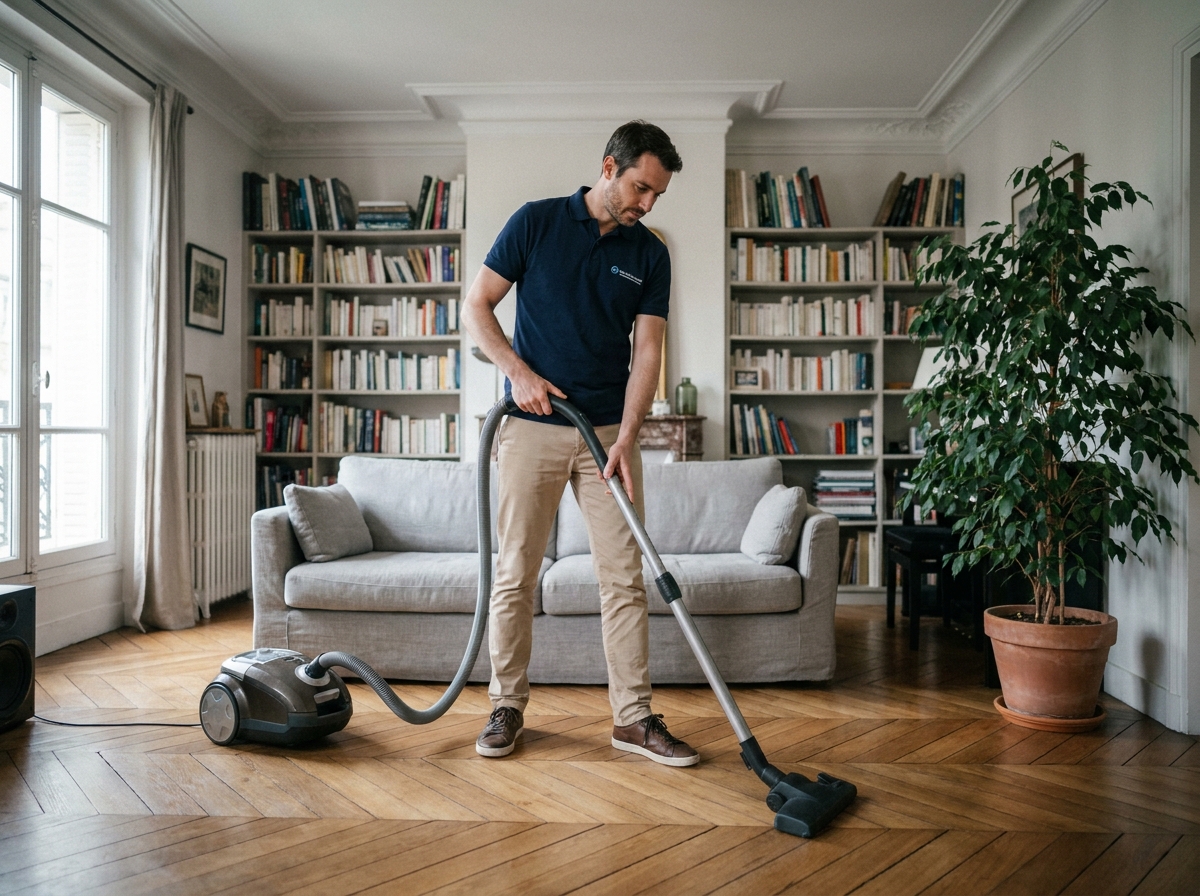 Professionnel de l'entretien ménager passant l'aspirateur dans un salon avec parquet dans une résidence à Compiègne