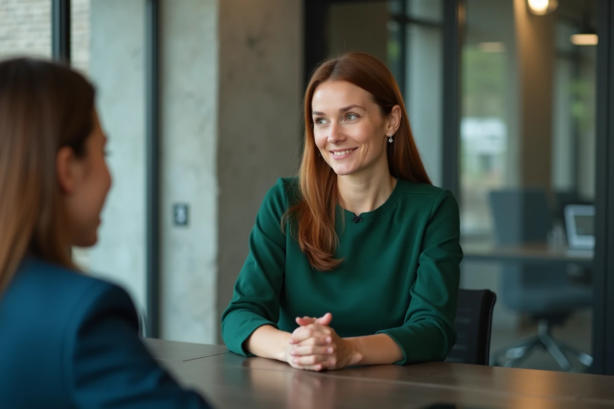 Femme lors d'un entretien professionnel dans une salle de réunion moderne, évoquant la transparence et l'authenticité dans la carrière