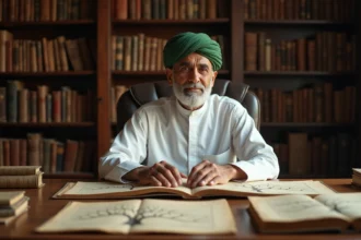 Érudit islamique âgé consultant des manuscrits généalogiques de la famille du Prophète Mohammed dans une bibliothèque traditionnelle