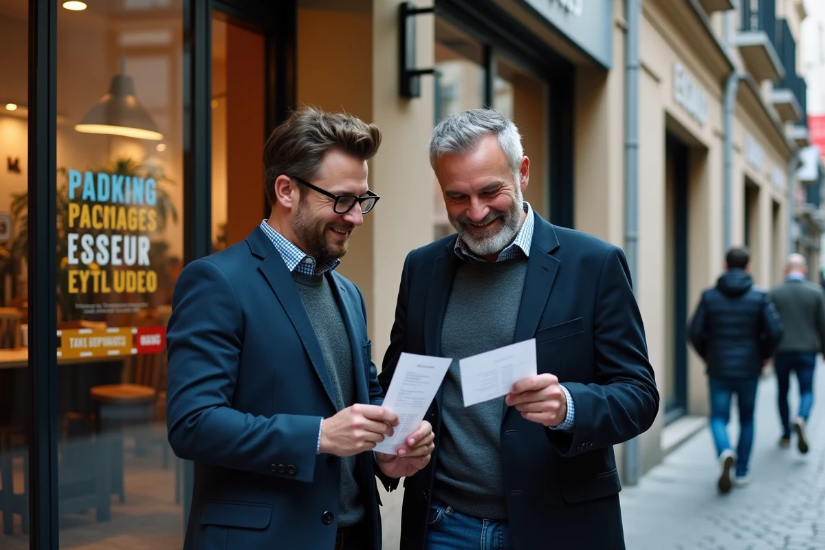 Deux amis adultes devant une salle d'escape game avec un bon de réservation pour un anniversaire
