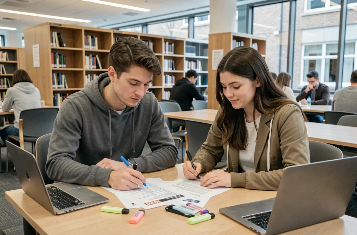 Deux étudiants planifiant leurs révisions et stages en bibliothèque universitaire avec des emplois du temps d'examens et un calendrier scolaire zone B