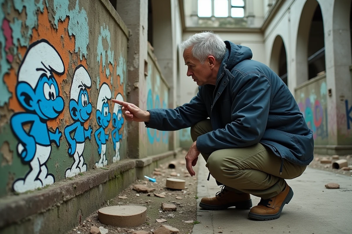 Explorateur urbain observant une fresque murale de Schtroumpfs dans les ruines d'un parc d'attractions abandonné en France