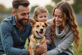 Famille souriante adoptant un chien dans un refuge animal