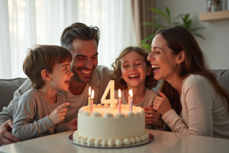 Famille heureuse célébrant anniversaire dans un salon lumineux