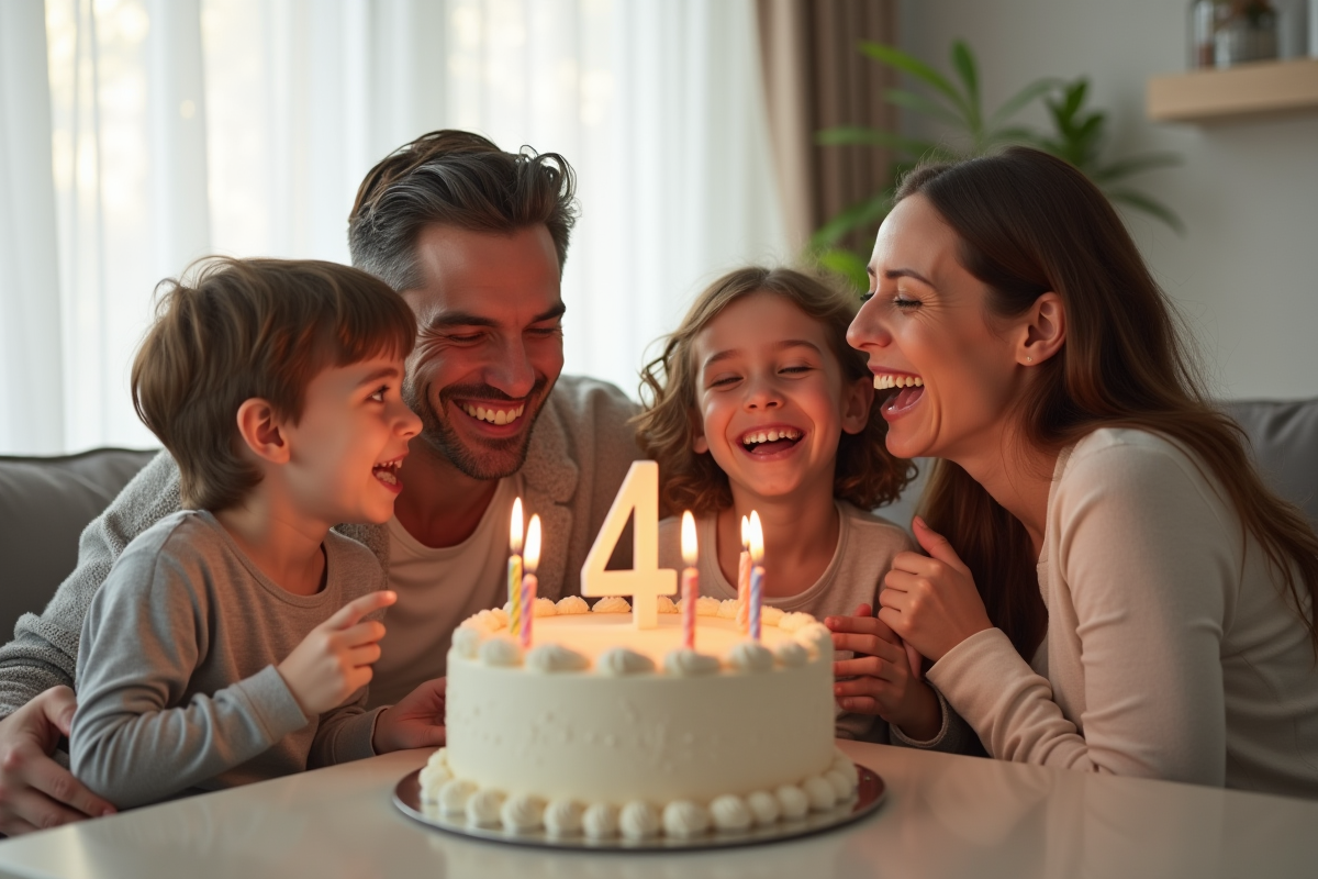 Famille heureuse célébrant anniversaire dans un salon lumineux