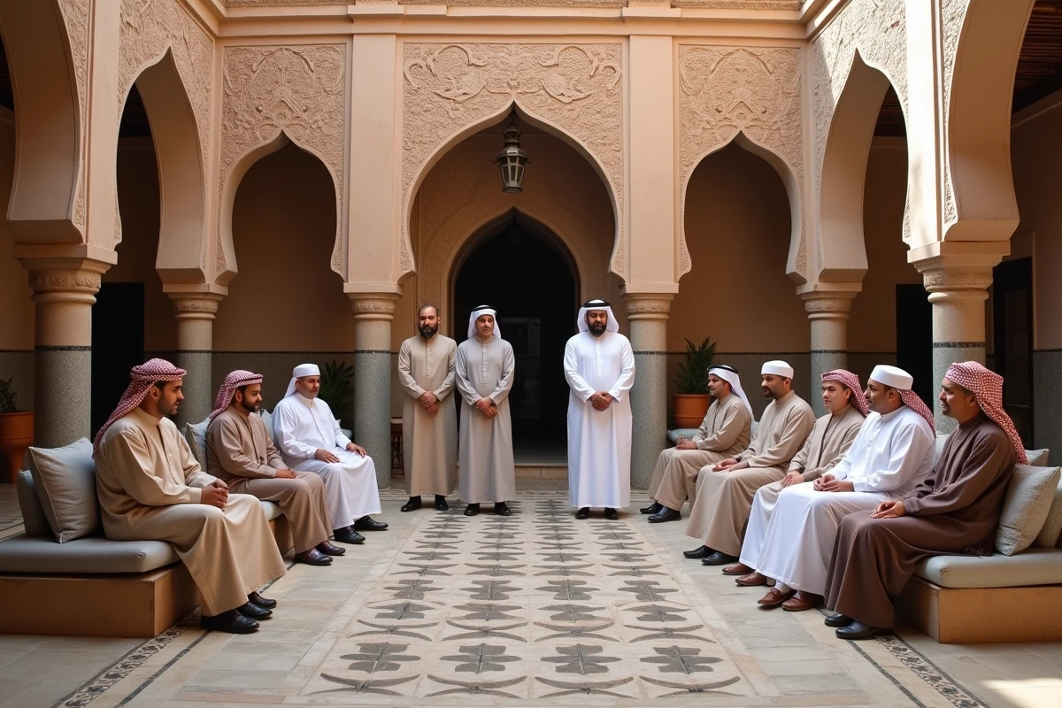 Grande famille arabe multigénérationnelle réunie dans un riad marocain historique, illustrant les lignées descendantes du Prophète Mohammed