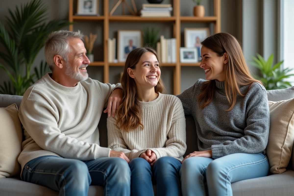 Jeune fille et parents souriants dans un salon lumineux