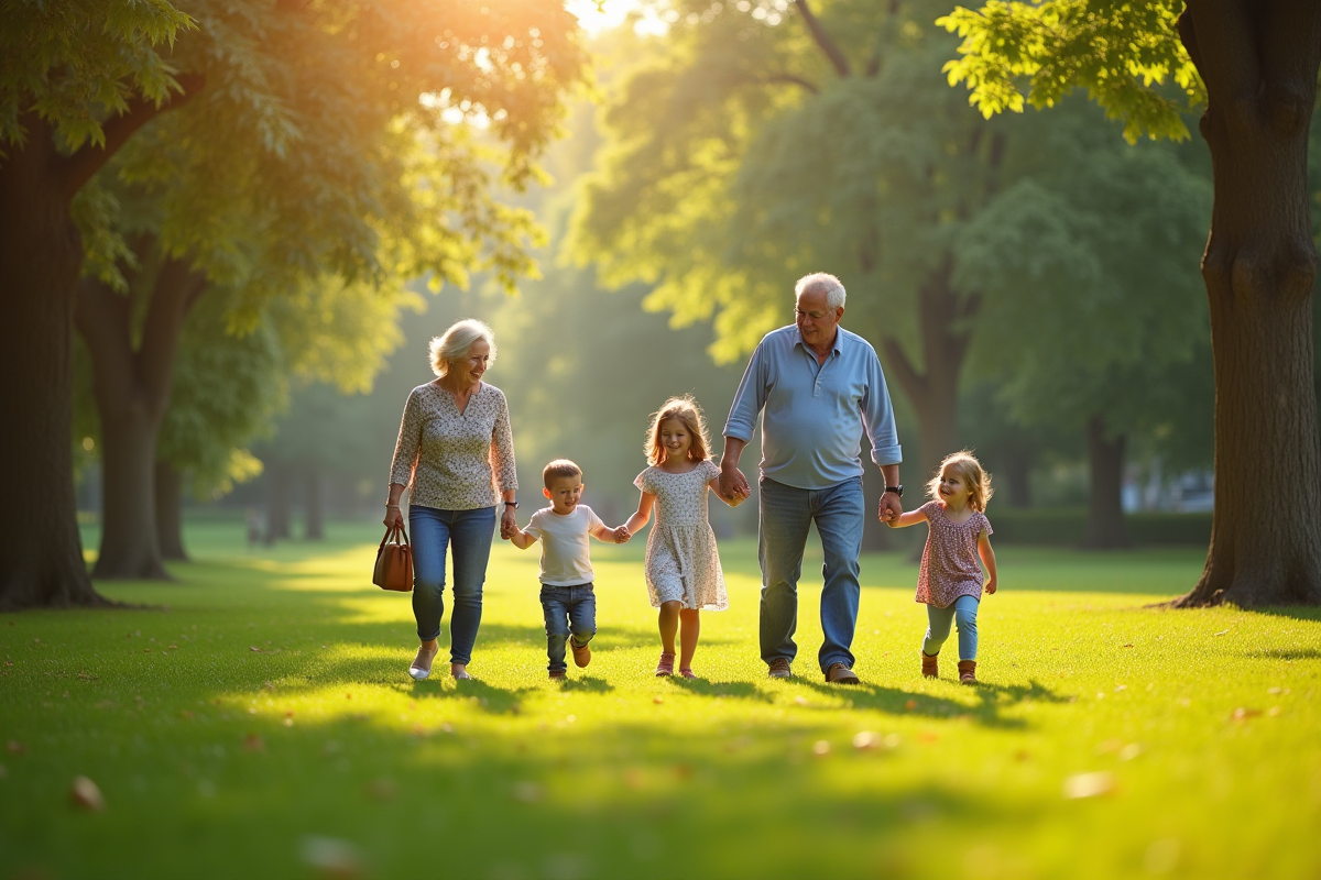 Famille multigenerations se promenant dans un parc ensoleille