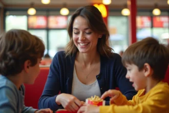 Famille avec enfants partageant un Happy Meal McDonald's dans un restaurant, illustrant le budget repas en famille