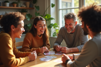 Famille diverse jouant aux cartes autour d'une table lumineuse