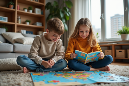 Famille avec enfants assemble un puzzle voyage dans un salon chaleureux