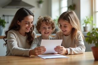 Famille souriante ouvrant une lettre dans la cuisine lumineuse