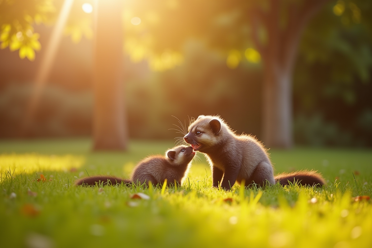 Famille jouant avec un mink dans un jardin ensoleille