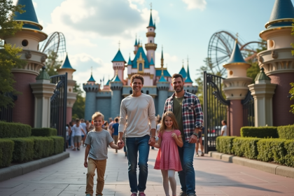 Famille souriante devant un château de parc d'attractions