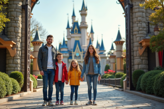 Famille souriante devant un château de parc d'attractions