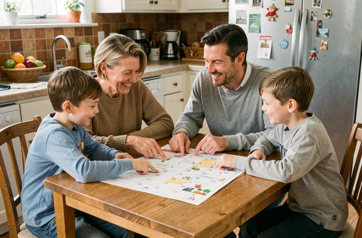 Famille réunie autour d'un calendrier scolaire zone B 2026 dans une cuisine pour planifier les vacances, les révisions et les stages scolaires