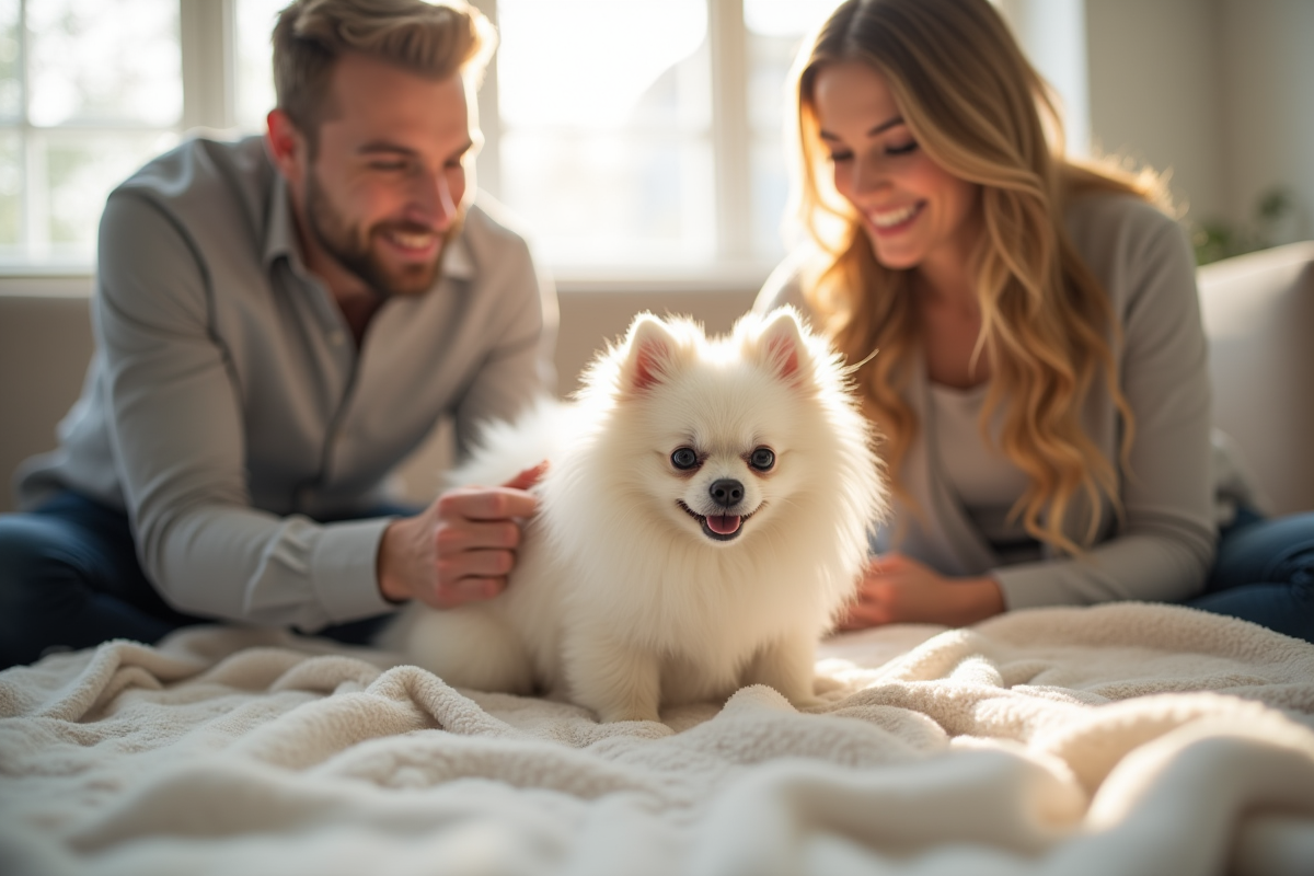 Famille heureuse avec un petit pomeranien dans le salon lumineux