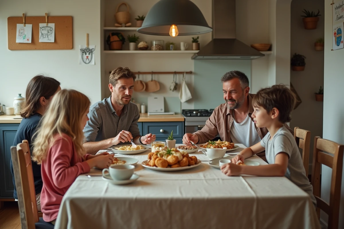 Famille recomposée autour d'un repas dominical dans une cuisine française, illustrant la recomposition familiale après divorce