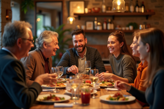 Famille multigenerationale dinant dans un restaurant à Rennes