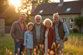 Famille rurale française multigenerationale devant ferme