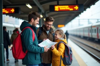 Famille sur le quai de train au Canada avec carte et carte